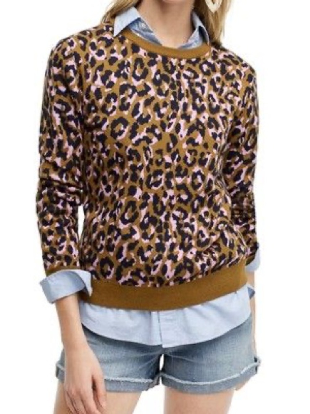 J. Crew Leopard-Print Crewneck Sweater in Brown, Pink & Navy